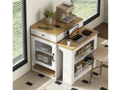 Isla de cocina - Con enchufe - Con mesa de comedor extraíble y extensible - Textura de madera - Con 1 puerta - Natural + Blanco