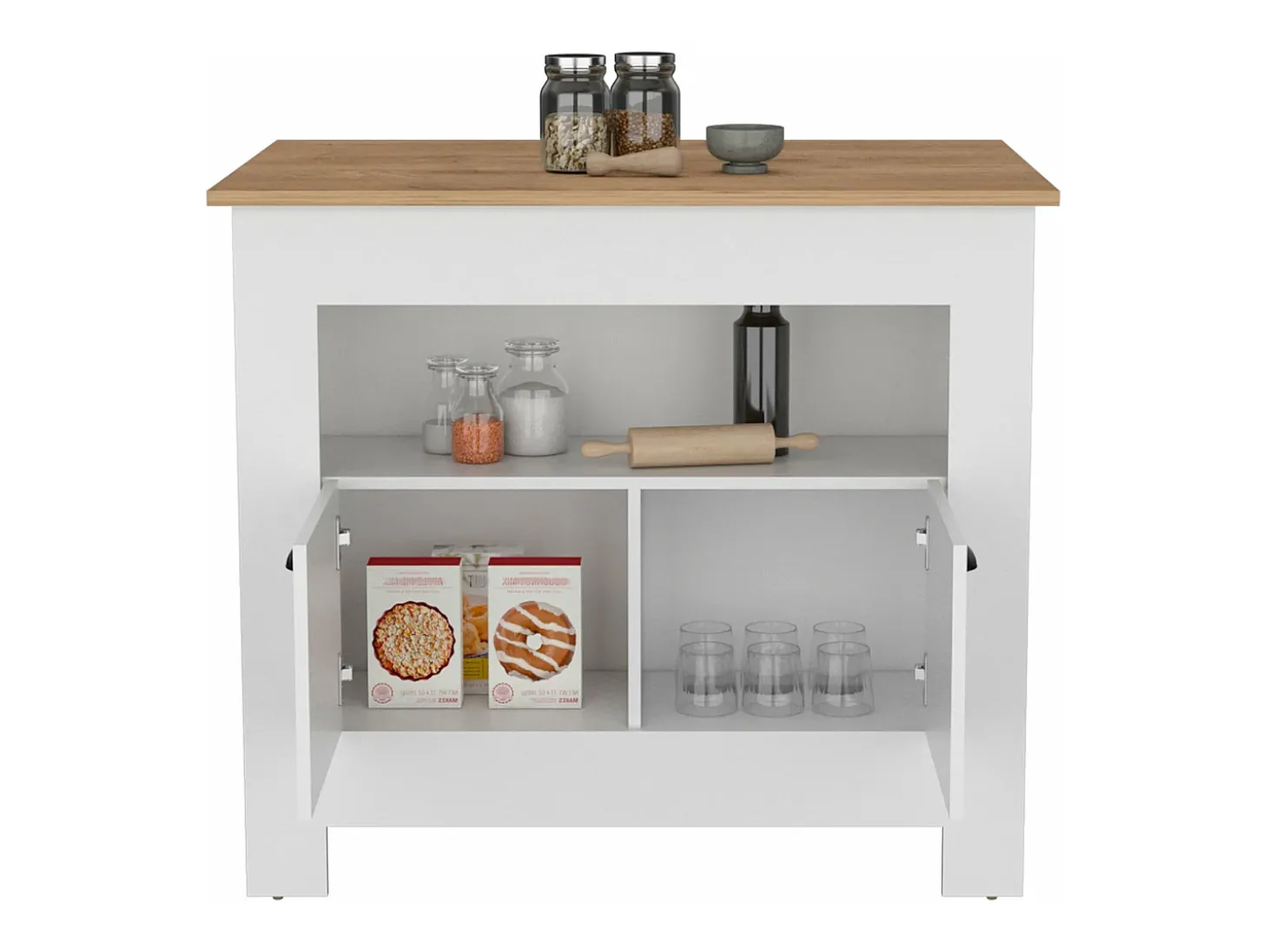 Isla de cocina Arlet en melamina con 2 puertas y 3 estantes , Blanco / Macadamia , 89.9 cm X 103 cm X 70 cm