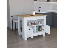 Isla de cocina Arlet en melamina con 2 puertas y 3 estantes , Blanco / Macadamia , 89.9 cm X 103 cm X 70 cm