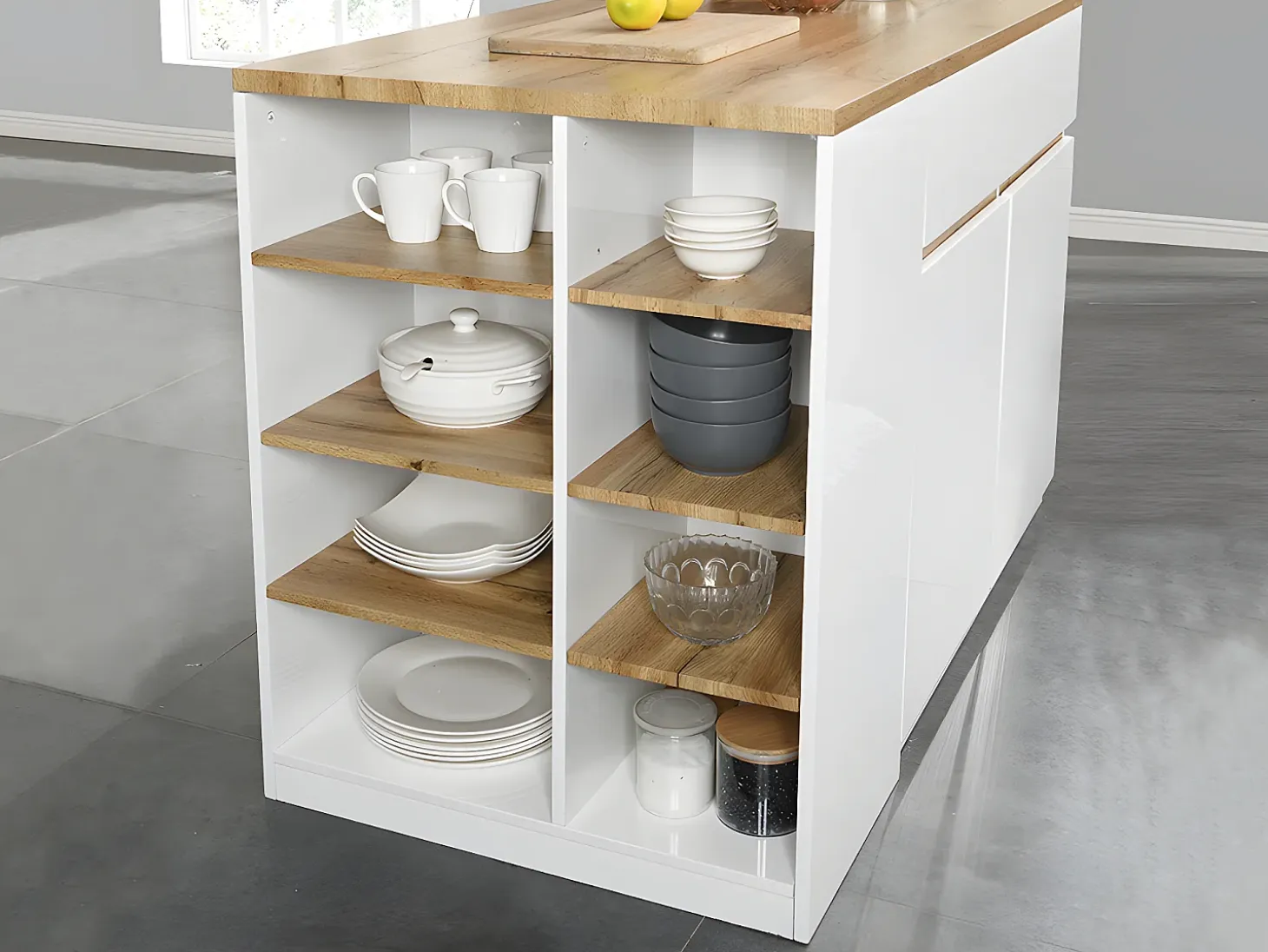 Isla de cocina atemporal - MDF - 130 cm de largo - Blanco y Natural - MEILI