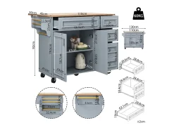 Isla de cocina azul con ruedas y 4 cajones de almacenamiento, encimera de madera MDF