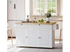 Isla de cocina blanca - Carrito de cocina con 2 cajones y 3 puertas - Especiero y toallero
