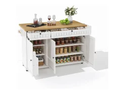 Isla de cocina blanca - Carrito de cocina con 2 cajones y 3 puertas - Especiero y toallero