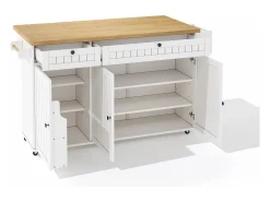 Isla de cocina blanca - Carrito de cocina con 2 cajones y 3 puertas - Especiero y toallero