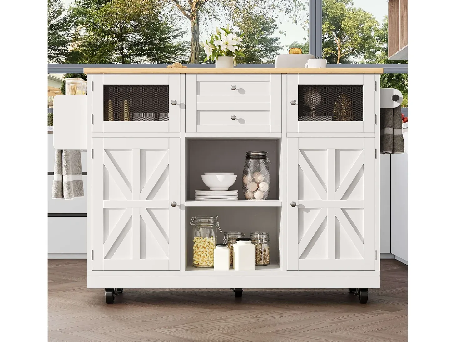Isla de cocina blanca - Carrito de cocina con 2 cajones y 4 puertas - Especiero y toallero