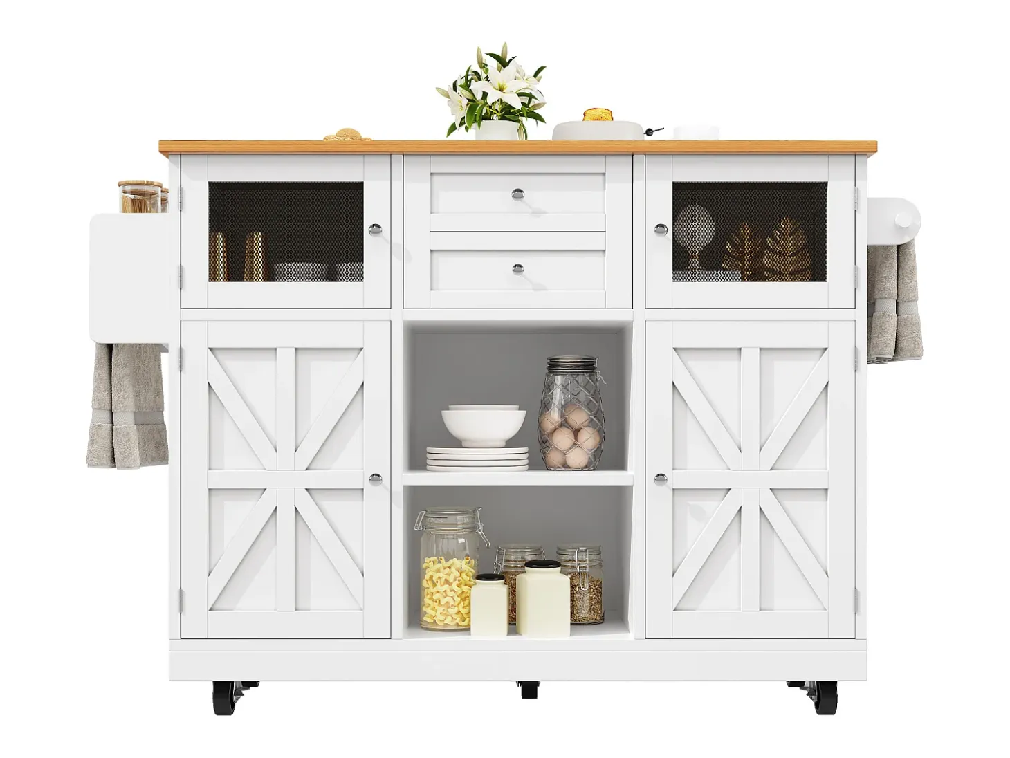 Isla de cocina blanca - Carrito de cocina con 2 cajones y 4 puertas - Especiero y toallero