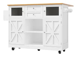 Isla de cocina blanca - Carrito de cocina con 2 cajones y 4 puertas - Especiero y toallero