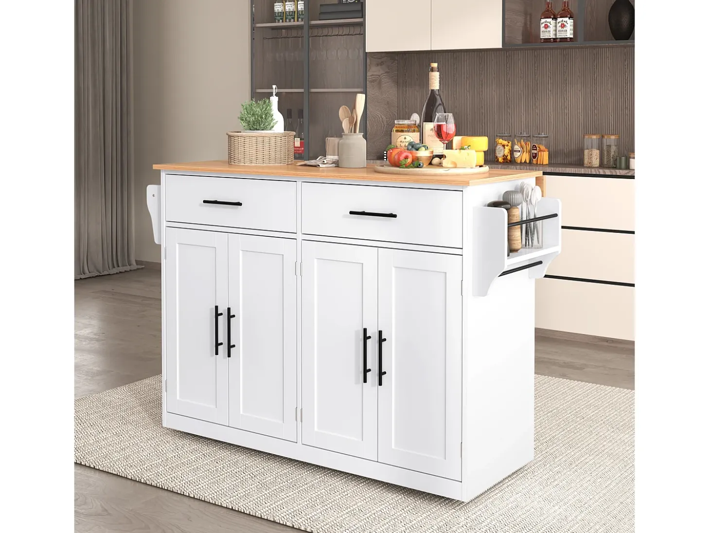 Isla de cocina blanca - Isla de cocina con ruedas y patas de madera - Encimera abatible - 2 cajones 4 puertas
