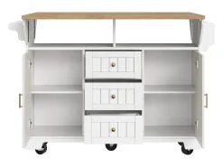 Isla de cocina blanca con tablero plegable, 3 cajones y 2 puertas - 5 ruedas