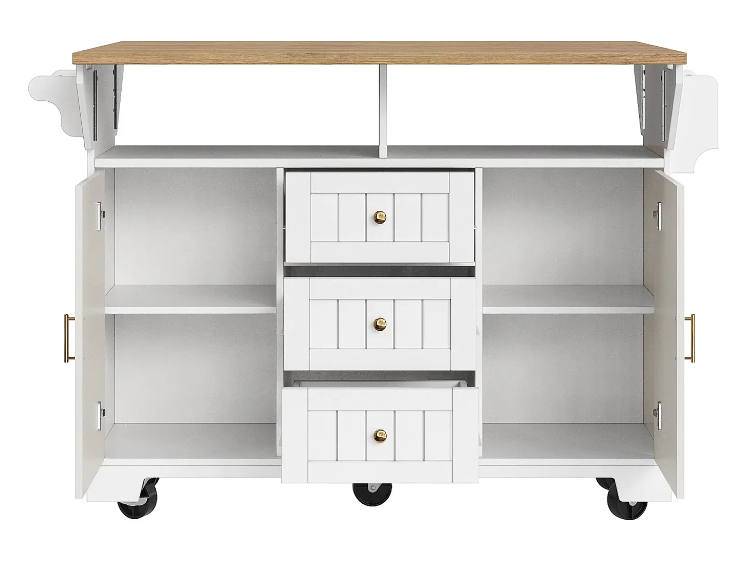 Isla de cocina blanca con tablero plegable, 3 cajones y 2 puertas - 5 ruedas