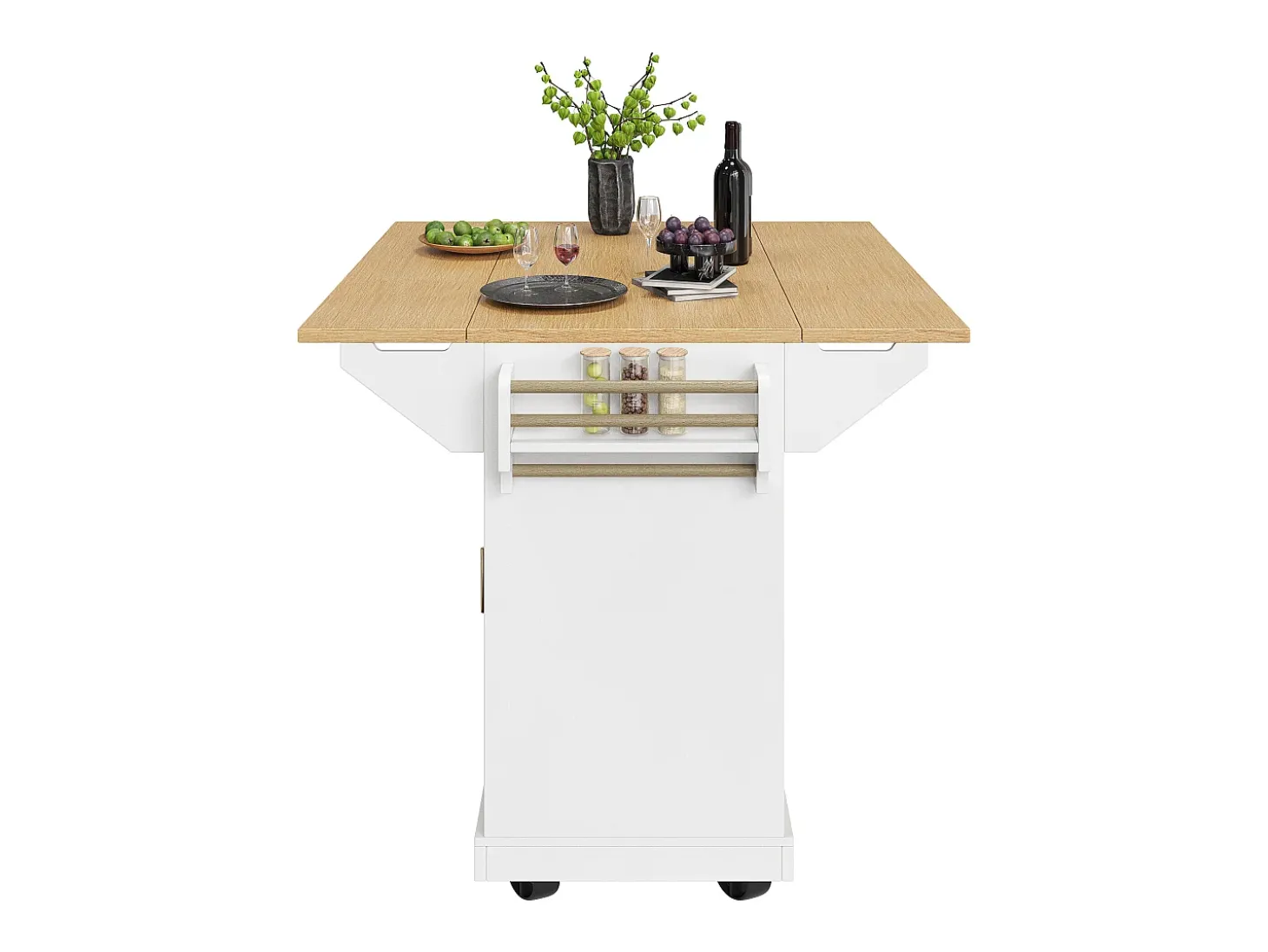 Isla de cocina blanca con tablero plegable, 3 cajones y 2 puertas - 5 ruedas