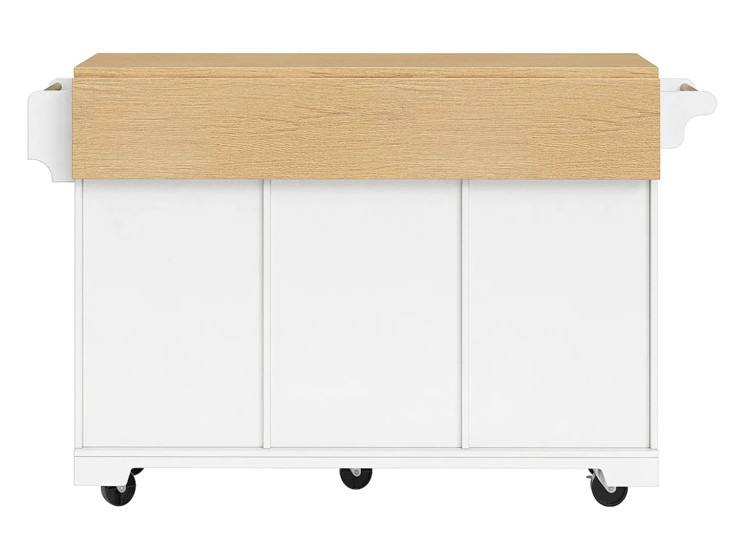 Isla de cocina blanca con tablero plegable, 3 cajones y 2 puertas - 5 ruedas