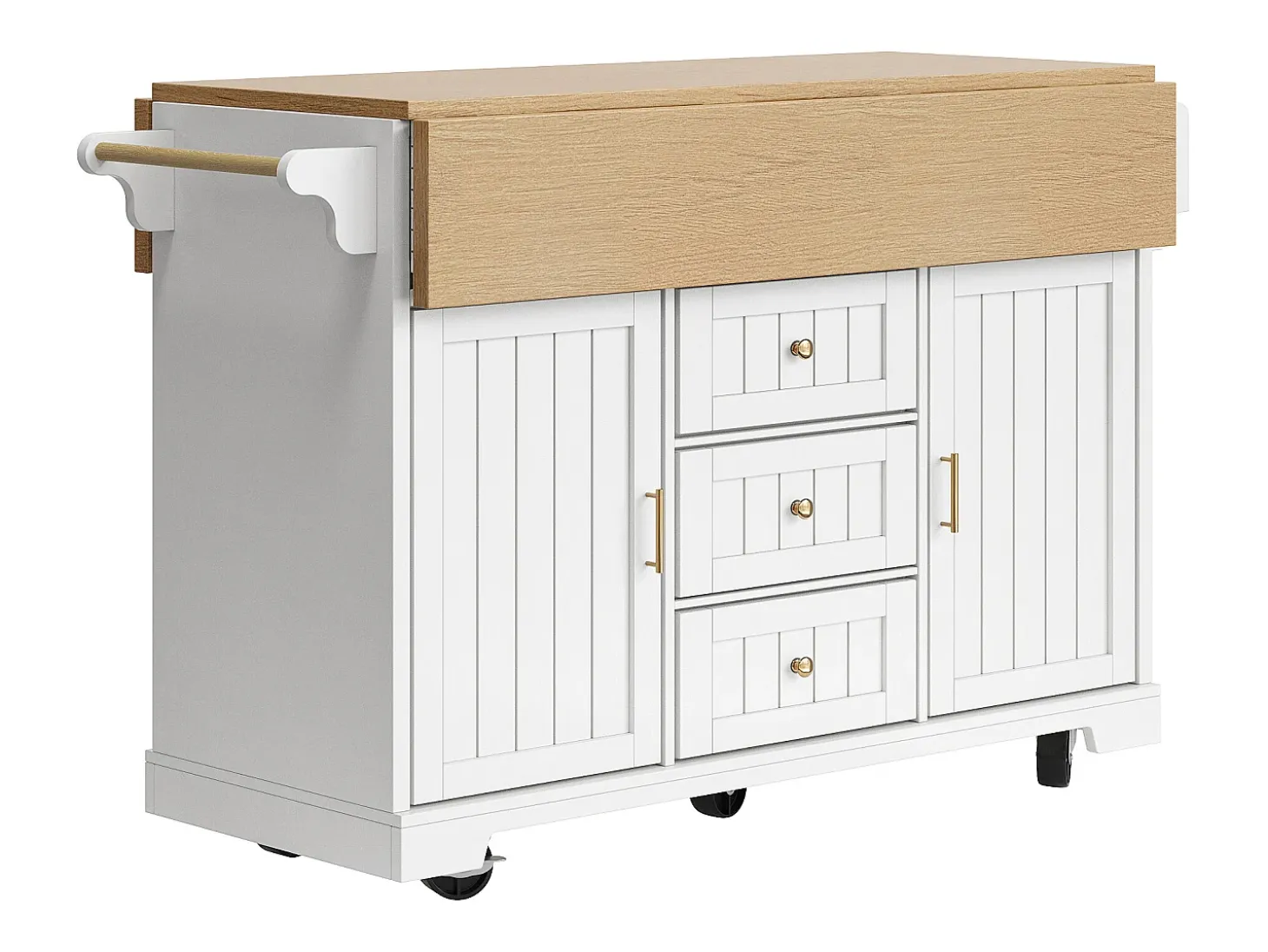 Isla de cocina blanca con tablero plegable, 3 cajones y 2 puertas - 5 ruedas