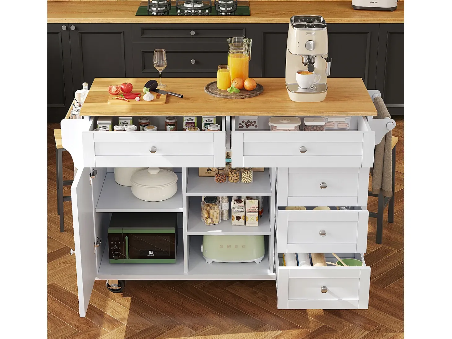 Isla de cocina blanca de 5 cajones - Carrito de cocina de 1 puerta con 3 compartimentos abiertos - Especiero y toallero