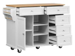 Isla de cocina blanca de 5 cajones - Carrito de cocina de 1 puerta con 3 compartimentos abiertos - Especiero y toallero