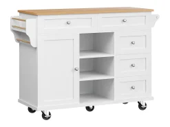 Isla de cocina blanca de 5 cajones - Carrito de cocina de 1 puerta con 3 compartimentos abiertos - Especiero y toallero
