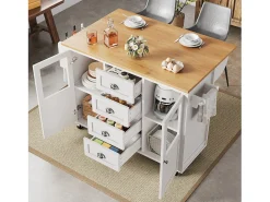 Isla de cocina blanca, isla de cocina móvil con 2 puertas y 4 cajones, encimera abatible - tiradores plateados