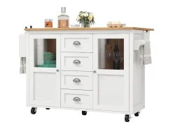 Isla de cocina blanca, isla de cocina móvil con 2 puertas y 4 cajones, encimera abatible - tiradores plateados