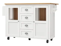 Isla de cocina blanca, isla de cocina móvil con 2 puertas y 4 cajones, encimera abatible - tiradores plateados