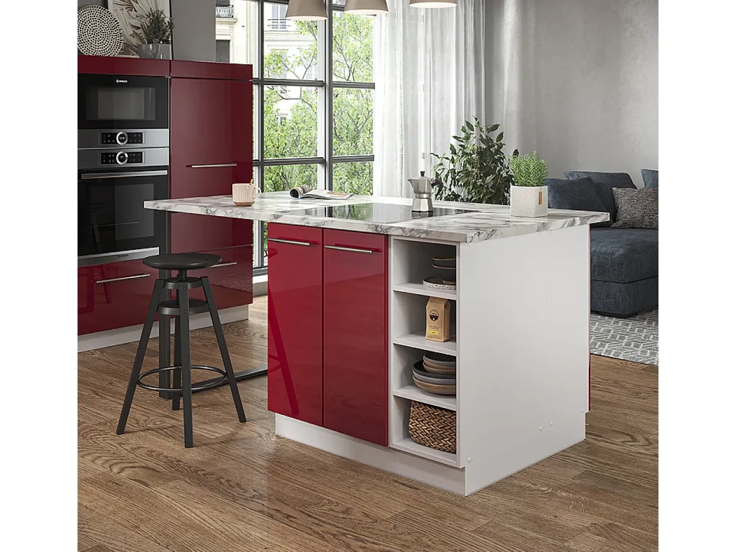 Isla de cocina burdeos brillo intenso/blanco 90x60x82 fame-line