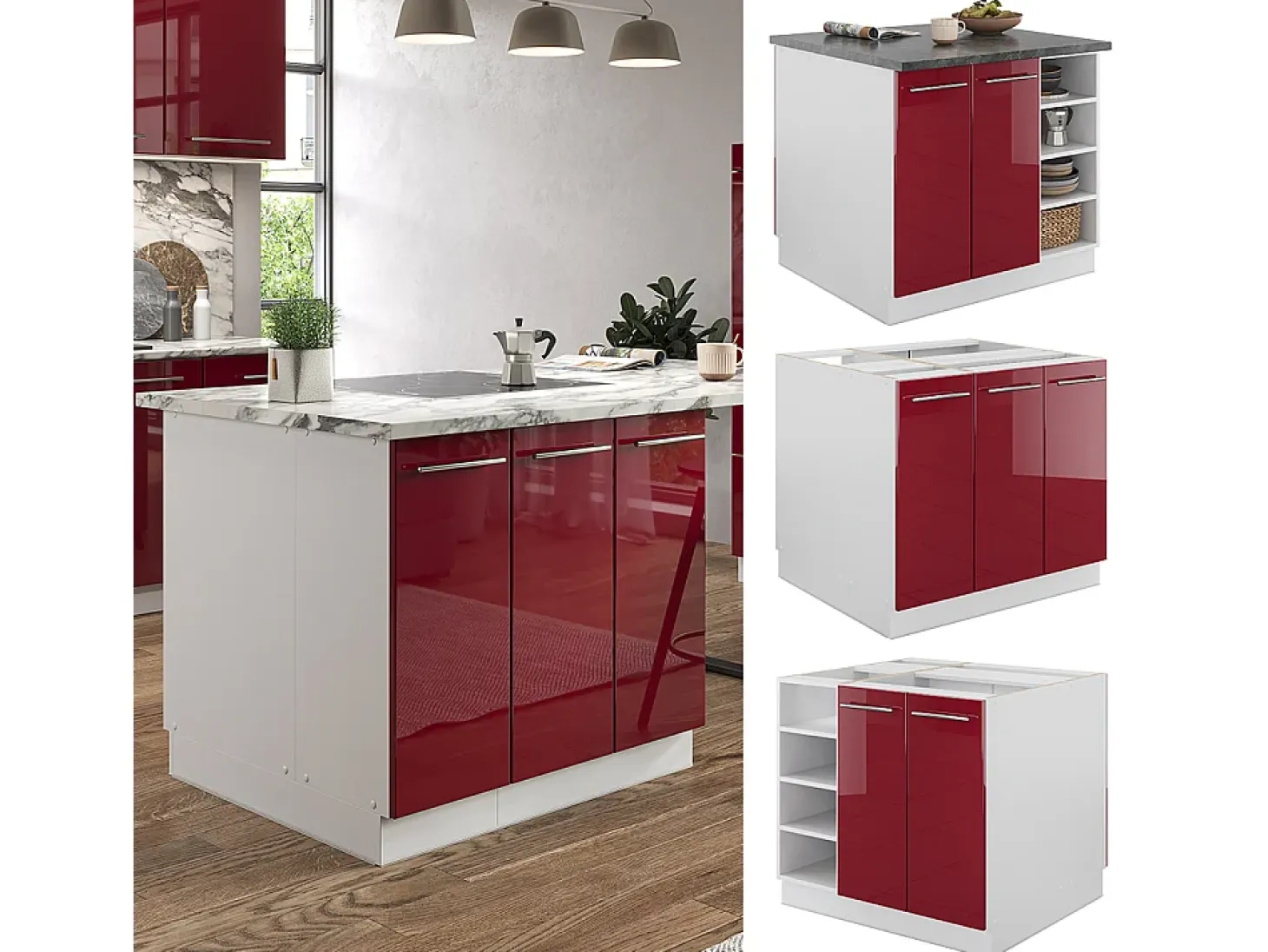 Isla de cocina burdeos brillo intenso/blanco 90x60x82 fame-line