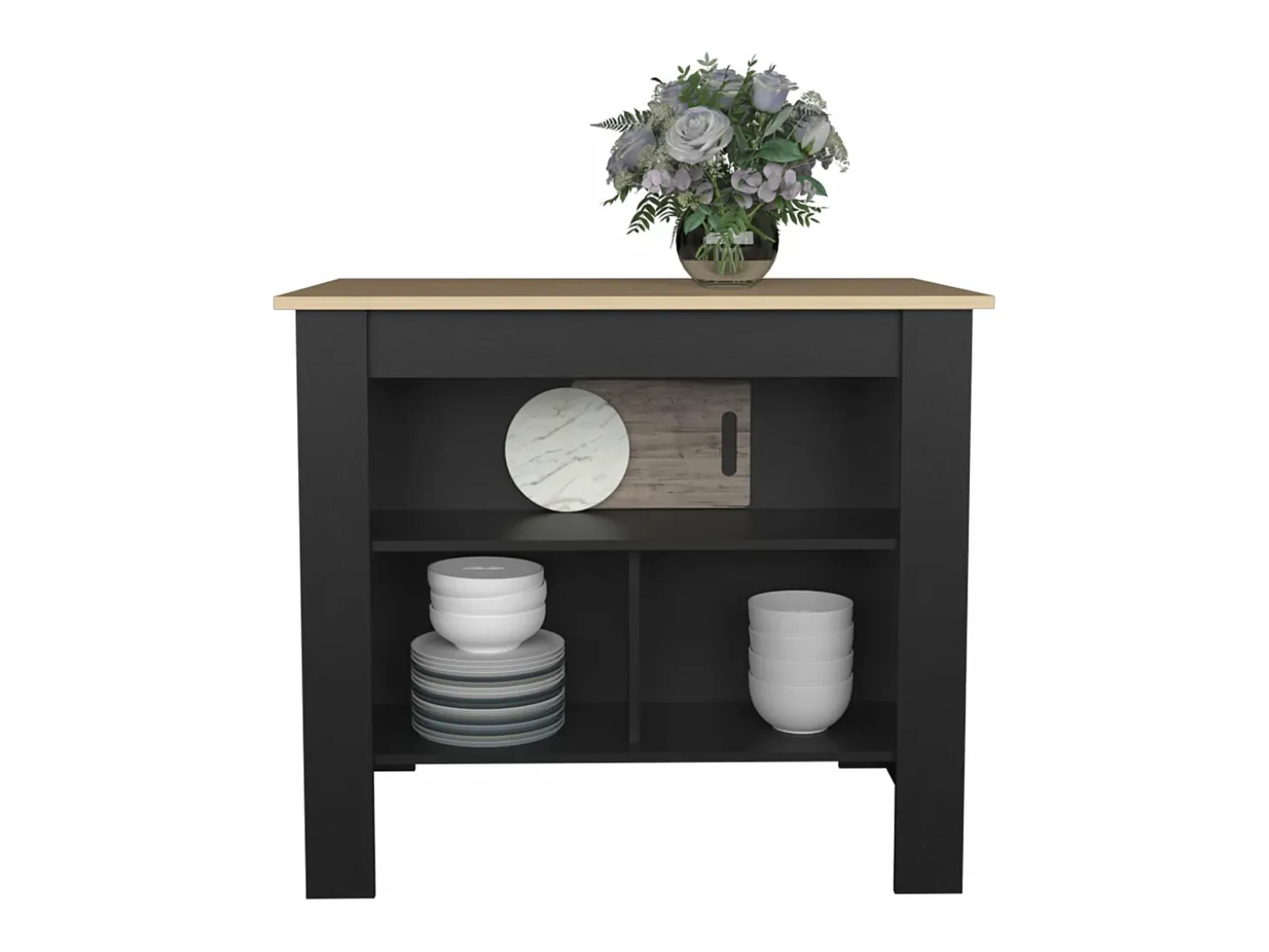 Isla de cocina Cala en melamina con 3 estantes , Rovere / Negro , 90 cm X 103 cm X 70 cm