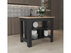 Isla de cocina Cala en melamina con 3 estantes , Rovere / Negro , 90 cm X 103 cm X 70 cm
