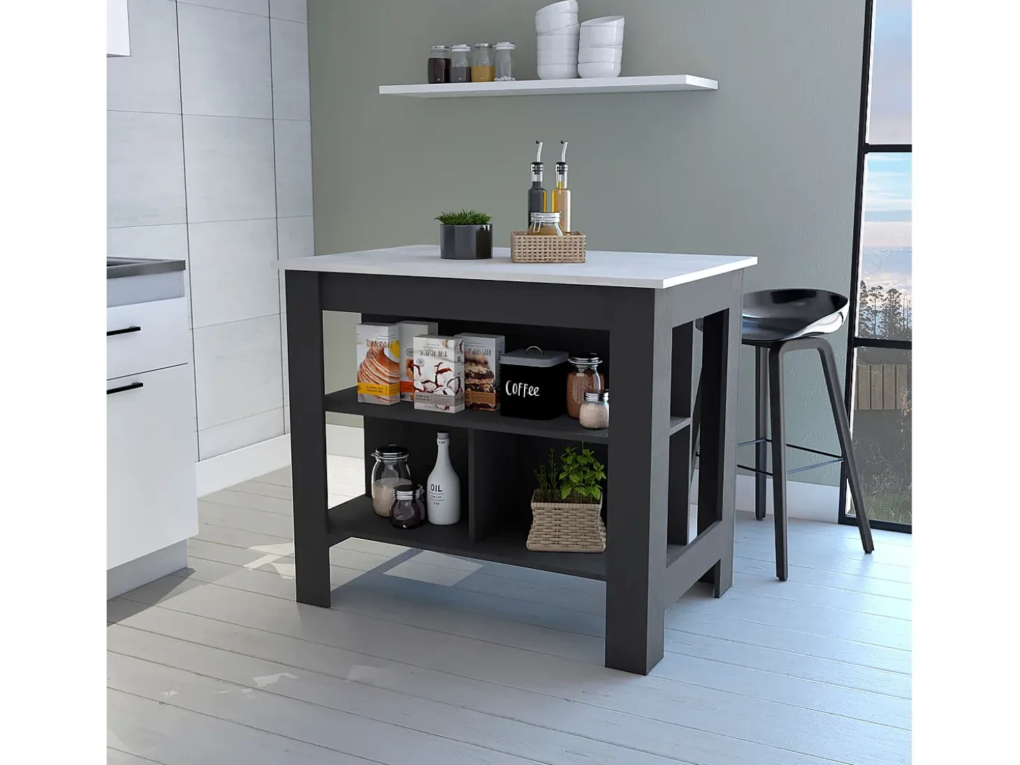 Isla de cocina Cala, tres estantes y cuatro patas , 89.99 cm X 102.99 cm X 69.97 cm , Multicolor