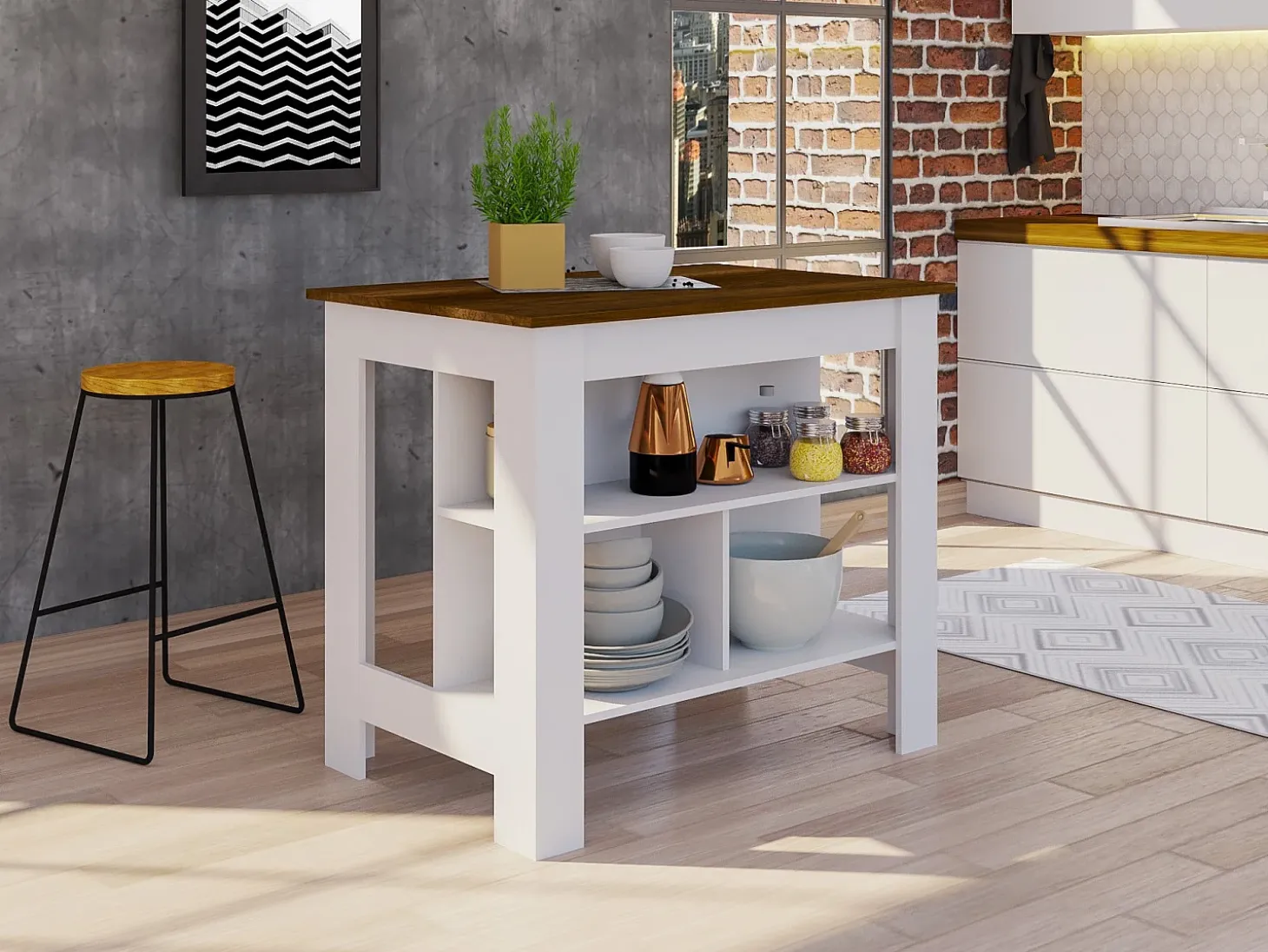 Isla de cocina Cala, tres estantes y cuatro patas 90 CM A X 103 CM An X 70 CM P. Blanco / Caramelo
