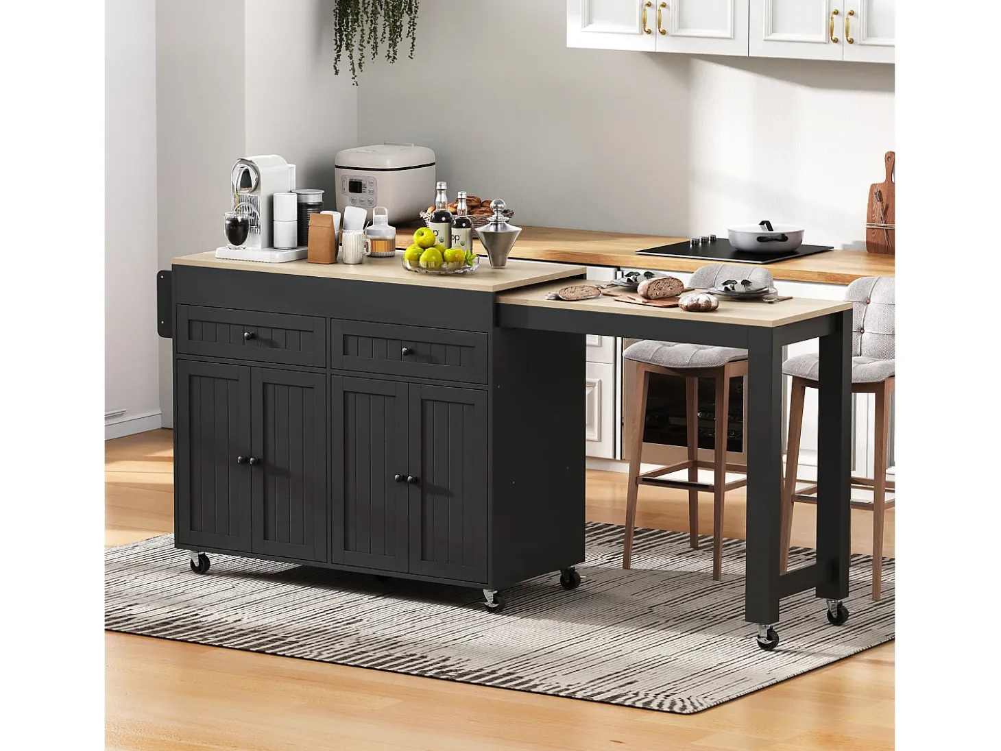 Isla de cocina central - con 4 puertas y 2 cajones - tablero extensible - con ruedas - 180,5×45×92,2 cm - Negro