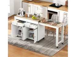 Isla de cocina central - con 4 puertas y 2 cajones - tablero extensible - con ruedas - 180,5×45×92,2 cm - Blanco + Natural