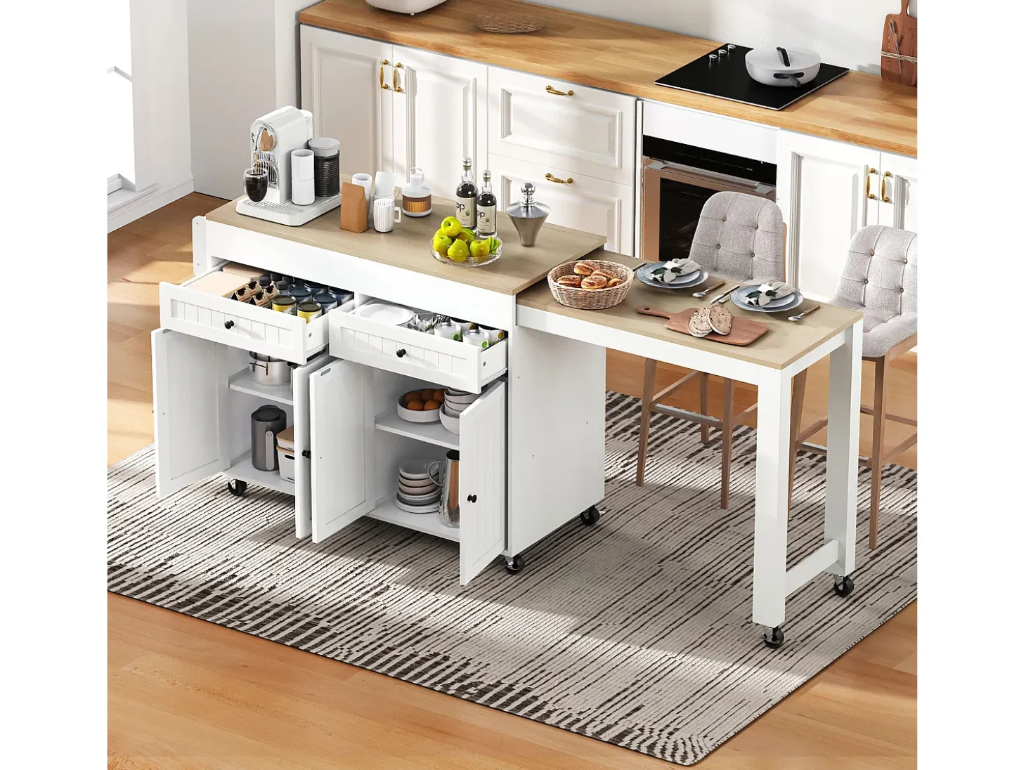 Isla de cocina central - con 4 puertas y 2 cajones - tablero extensible - con ruedas - 180,5×45×92,2 cm - Blanco + Natural