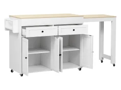 Isla de cocina central - con 4 puertas y 2 cajones - tablero extensible - con ruedas - 180,5×45×92,2 cm - Blanco + Natural