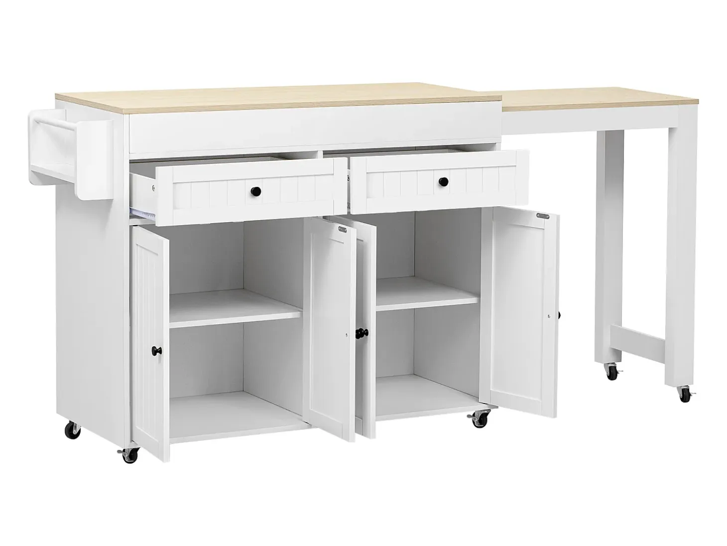 Isla de cocina central - con 4 puertas y 2 cajones - tablero extensible - con ruedas - 180,5×45×92,2 cm - Blanco + Natural