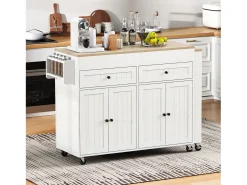 Isla de cocina central - con 4 puertas y 2 cajones - tablero extensible - con ruedas - 180,5×45×92,2 cm - Blanco + Natural
