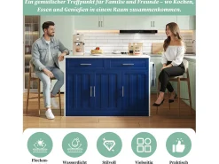 Isla de cocina central con 3 puertas + 2 cajones - 120 x 60 x 91 cm - con enchufes + USB - MDF - azul