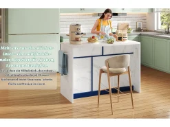 Isla de cocina central con 3 puertas + 2 cajones - 120 x 60 x 91 cm - con enchufes + USB - MDF - azul