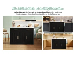 Isla de cocina central con 3 puertas + 2 cajones - 120 x 60 x 91 cm - con enchufes + USB - MDF - negro