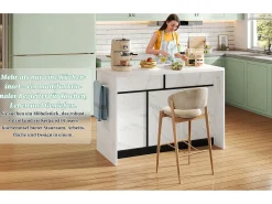 Isla de cocina central con 3 puertas + 2 cajones - 120 x 60 x 91 cm - con enchufes + USB - MDF - negro