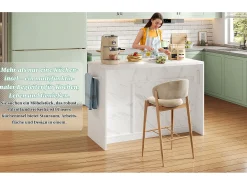 Isla de cocina central con 3 puertas + 2 cajones - 120 x 60 x 91 cm - con enchufes + USB - MDF - blanco