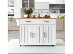 Isla de cocina central con 2 cajones - Tablero extensible - patas con ruedas o de madera maciza - Blanco