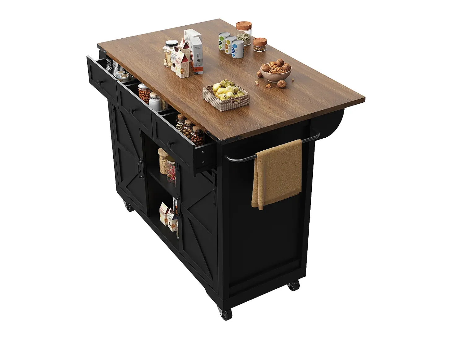 Isla de cocina central móvil - encimera extensible - con 3 cajones y 2 puertas correderas - con toallero - MDF - negro + natural