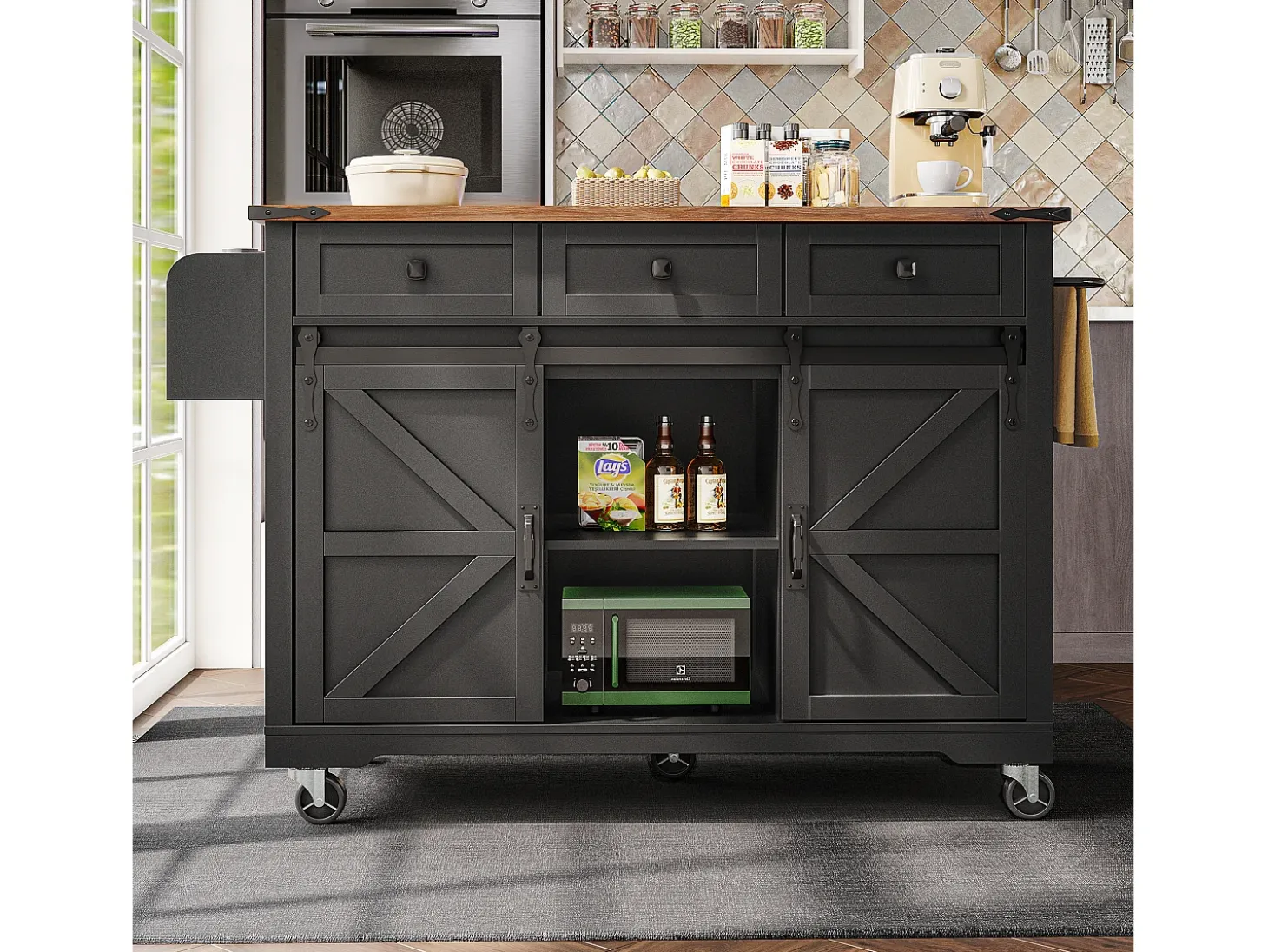 Isla de cocina central móvil - encimera extensible - con 3 cajones y 2 puertas correderas - con toallero - MDF - negro + natural