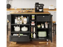 Isla de cocina central móvil con una puerta, 2 cajones y estantes de almacenamiento abiertos - 129 x 46 x 92 cm - Madera MDF - Negro