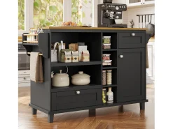Isla de cocina central móvil con una puerta, 2 cajones y estantes de almacenamiento abiertos - 129 x 46 x 92 cm - Madera MDF - Negro