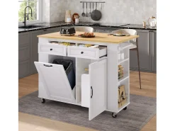 Isla de cocina central móvil 120x40-70x92 cm - con ruedas - con USB - 2 cajones y 2 puertas - tablero extensible - con toallero - blanco