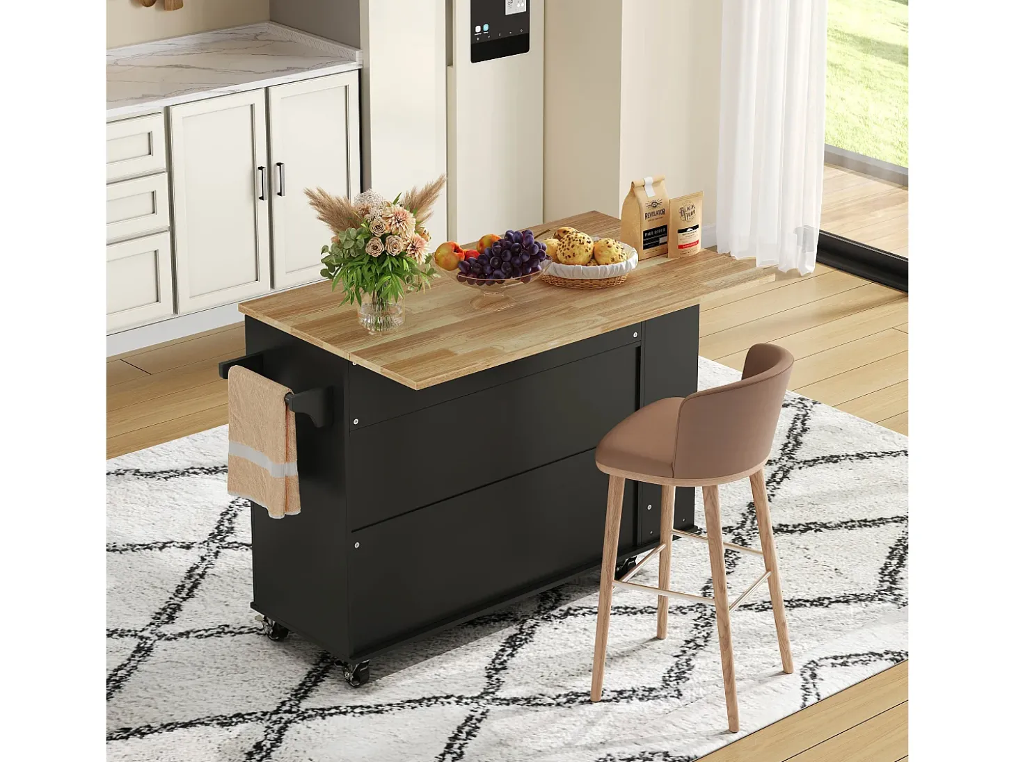 Isla de cocina central móvil - tablero extensible - con portabotellas y toallero - con 2 cajones y 2 puertas - MDF - Negro