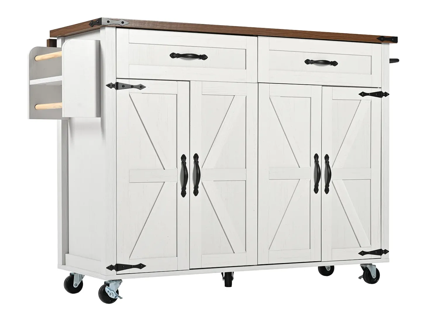 Isla de cocina central móvil con 4 puertas y 2 cajones - tapa extensible - 140 x 45/73 x 93 cm - Madera MDF + metal - Blanco + natural