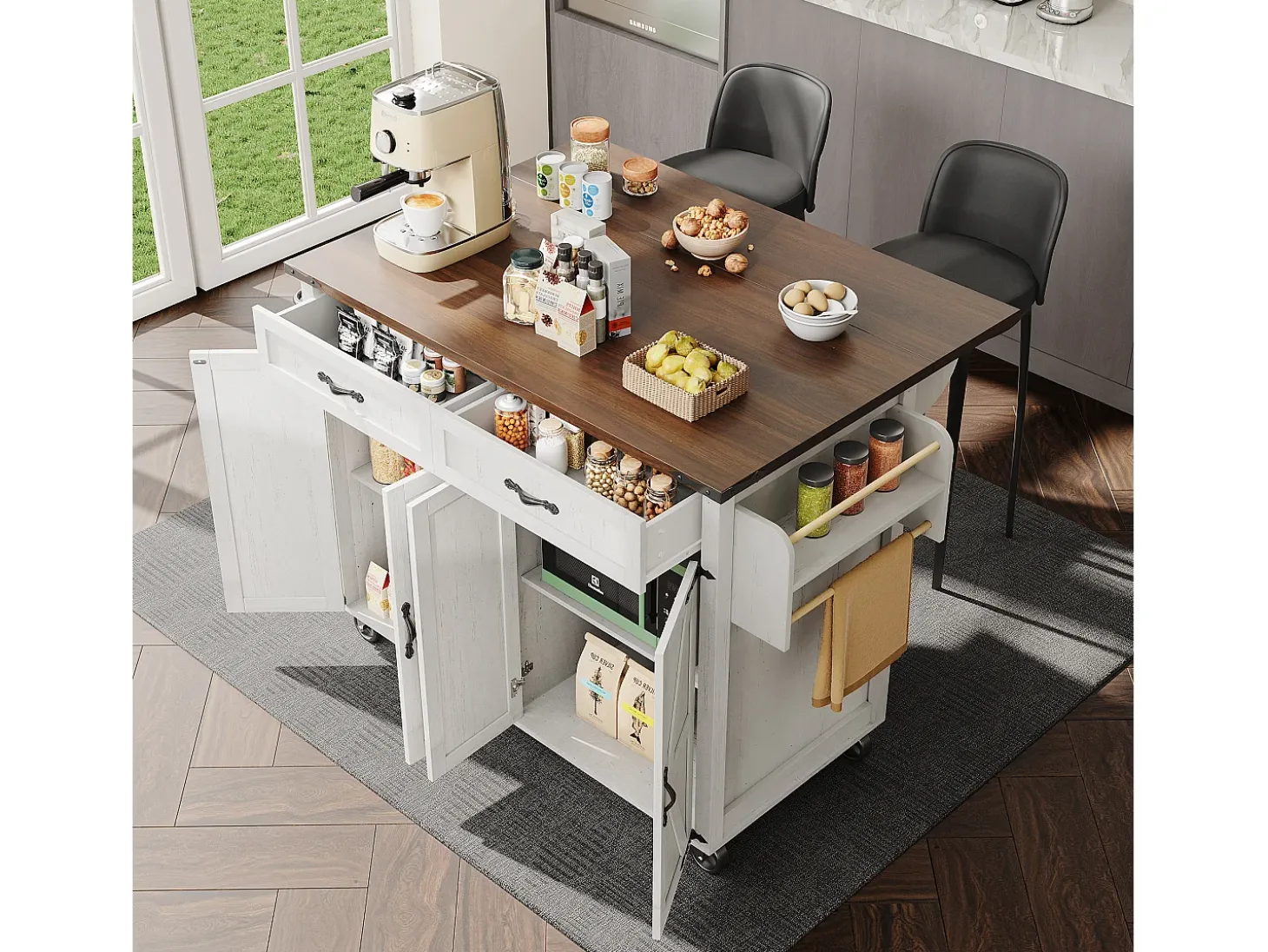 Isla de cocina central móvil con 4 puertas y 2 cajones - tapa extensible - 140 x 45/73 x 93 cm - Madera MDF + metal - Blanco + natural