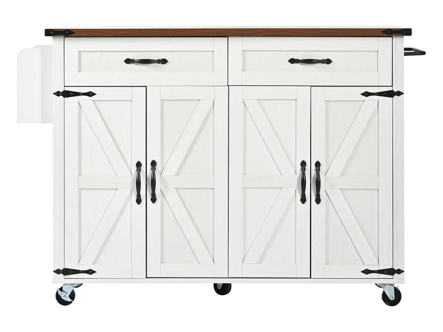 Isla de cocina central móvil con 4 puertas y 2 cajones - tapa extensible - 140 x 45/73 x 93 cm - Madera MDF + metal - Blanco + natural